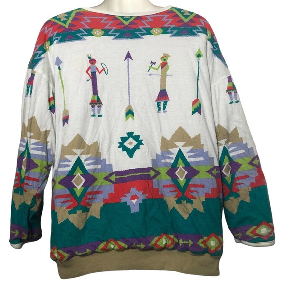 Vintage 90s Puffy Sweatshirt Top Teal Green Purple Southwest Kachina - Picture 8 of 8